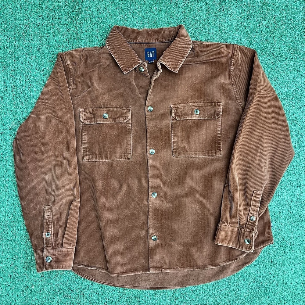 VTG Gap Mens Corduroy Button Down Shirt Olive Green Long Sleeve XL Heavy Shacket